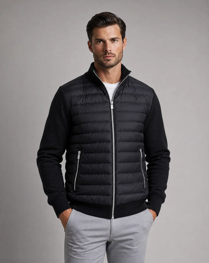 Men's black quilted bomber jacket with lightweight insulation and modern everyday style by ILYNORA