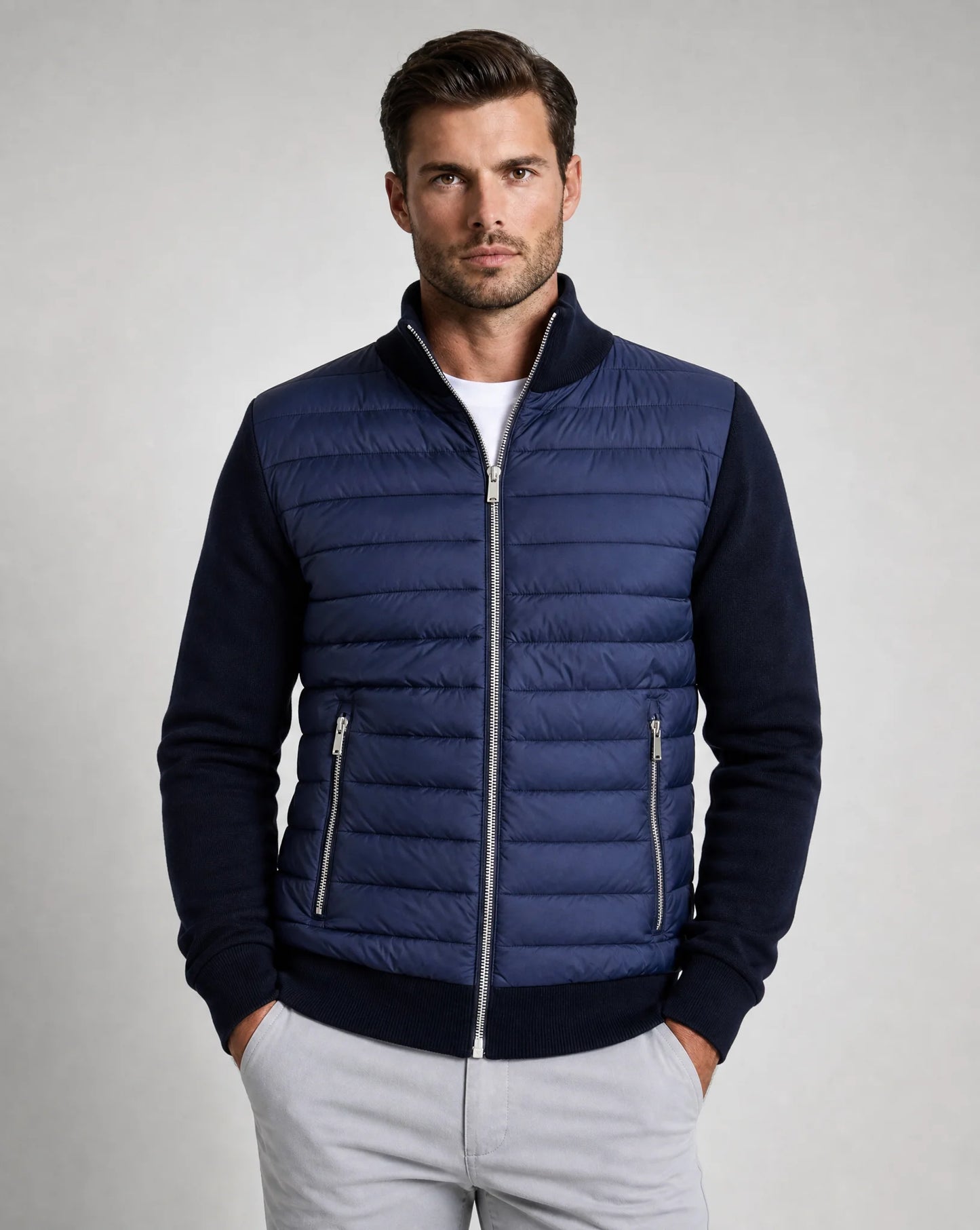 Men's navy blue quilted bomber jacket with padded front and refined modern fit by ILYNORA