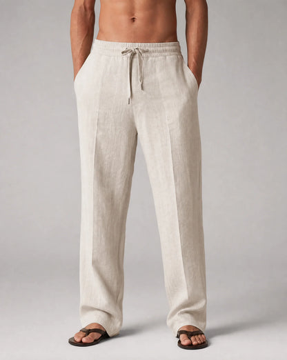 Men's beige relaxed fit linen trousers with casual elegance and breathable comfort by ILYNORA