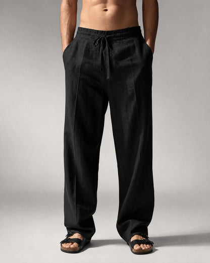Men's black relaxed fit linen trousers with lightweight comfort and versatile style by ILYNORA
