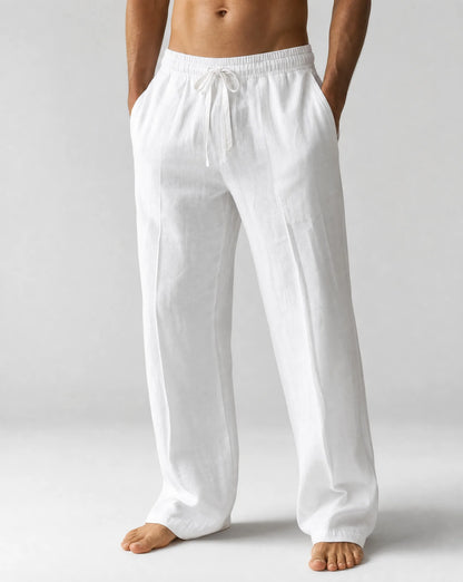 Men's white relaxed fit linen trousers with breathable fabric and summer comfort by ILYNORA