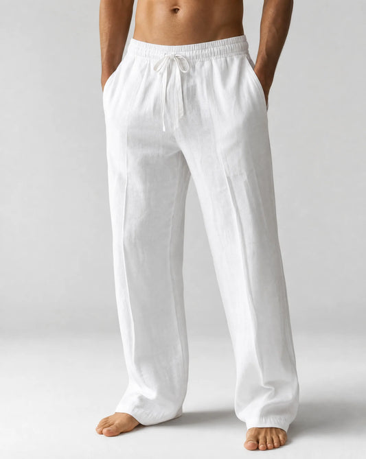 Men's white relaxed fit linen trousers with breathable fabric and summer comfort by ILYNORA