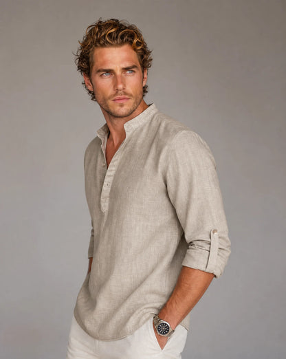 Men's beige linen Henley shirt with relaxed fit and timeless style by ILYNORA