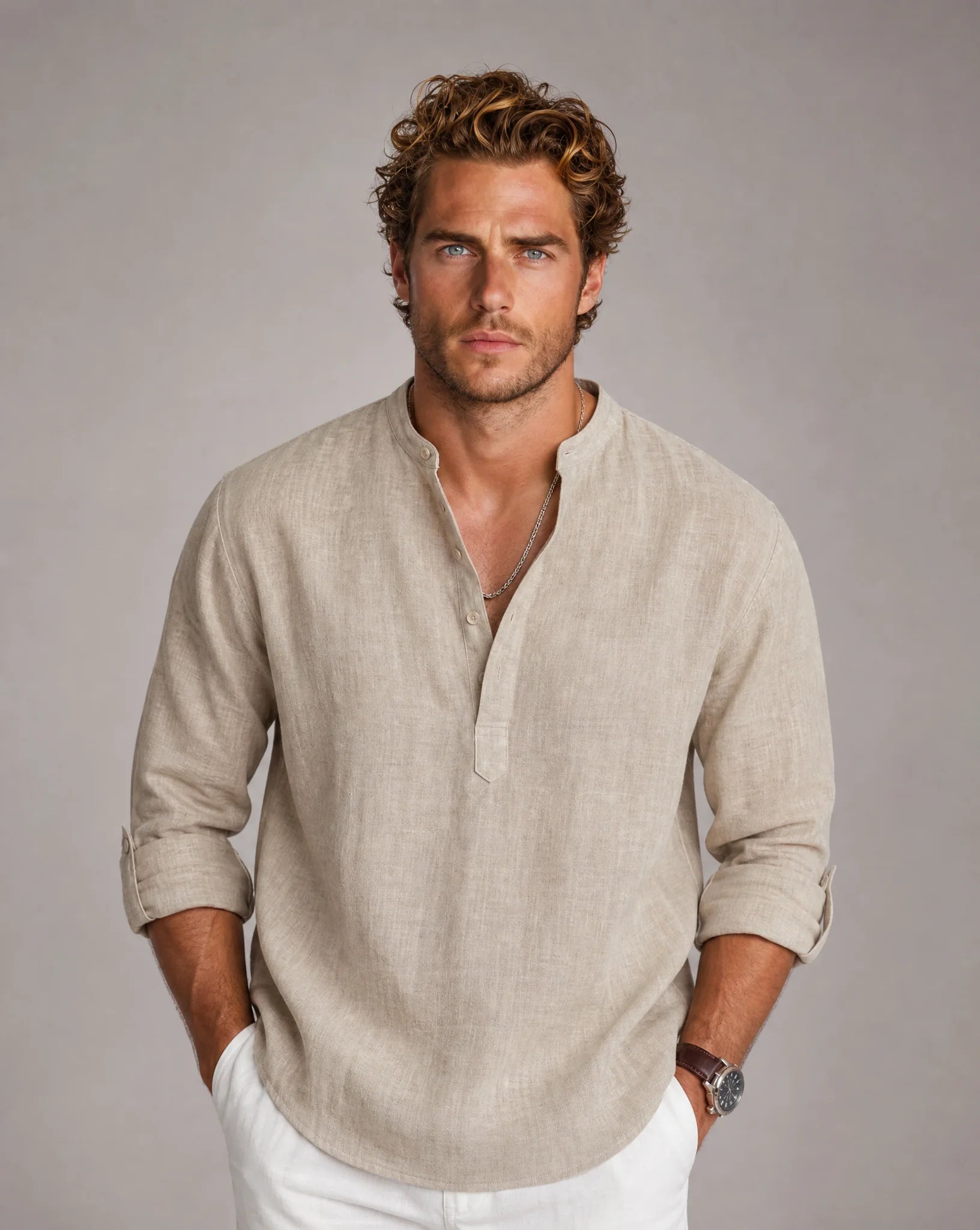 Men's beige relaxed Henley linen shirt with breathable summer comfort by ILYNORA