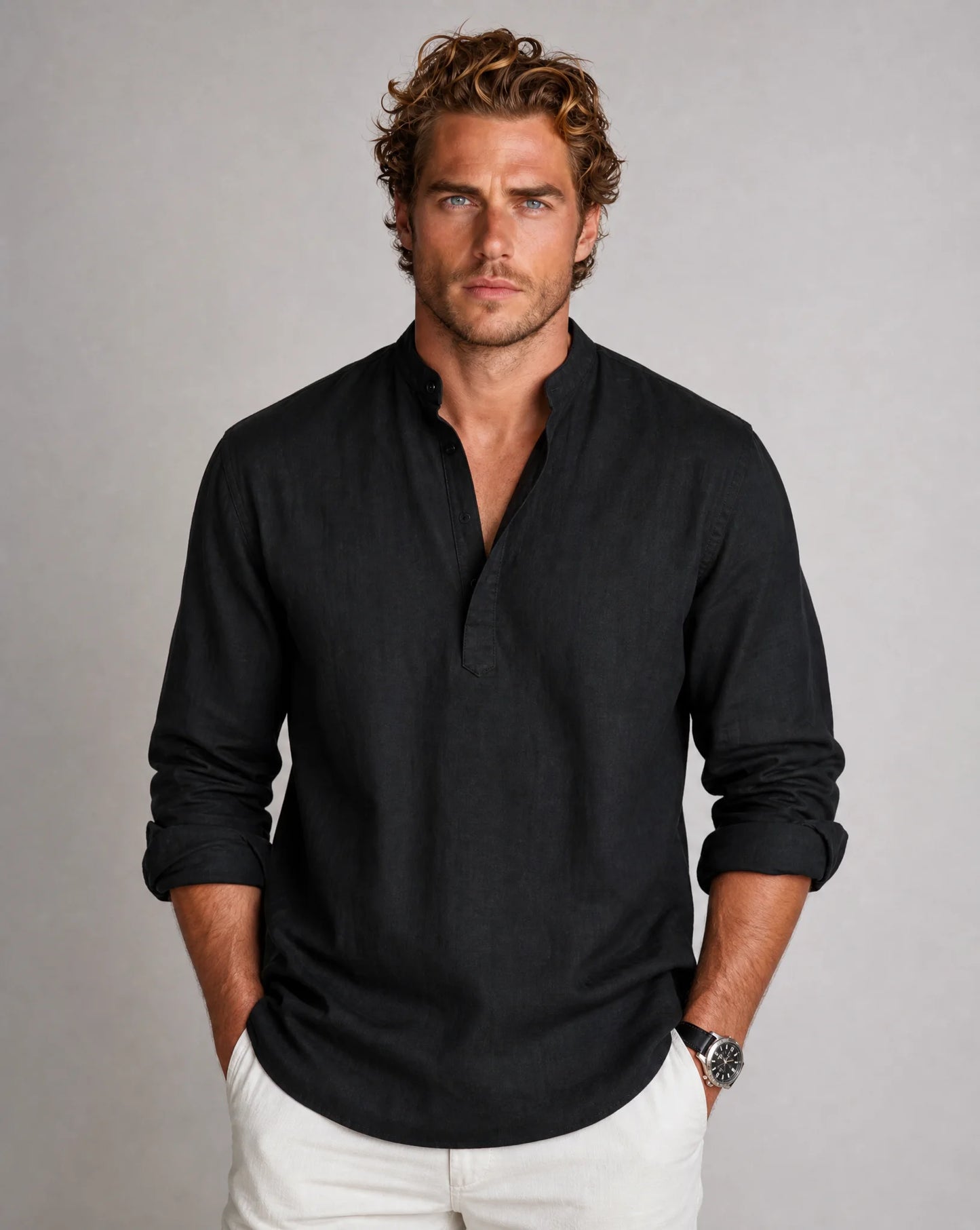 Men's black linen Henley shirt with relaxed fit and understated sophistication by ILYNORA