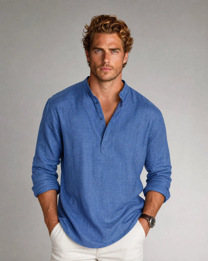 Men's blue relaxed Henley linen shirt with lightweight comfort and casual elegance by ILYNORA