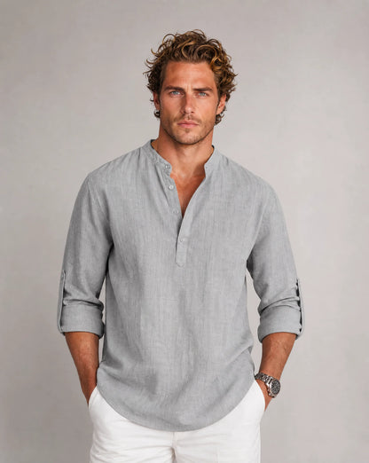 Men's grey relaxed Henley linen shirt with effortless comfort and versatile styling by ILYNORA