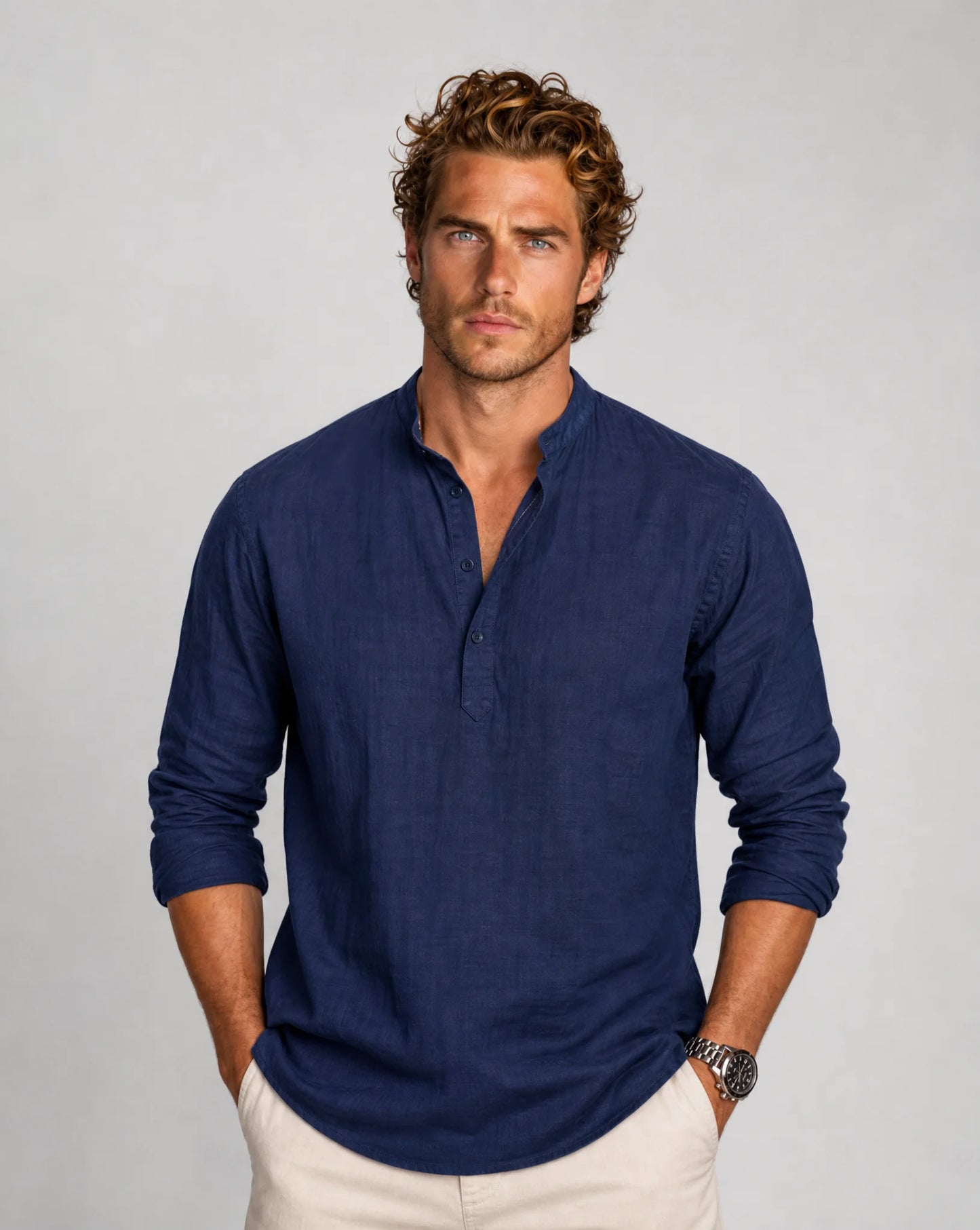 Men's navy blue linen Henley shirt with classic relaxed fit and modern appeal by ILYNORA