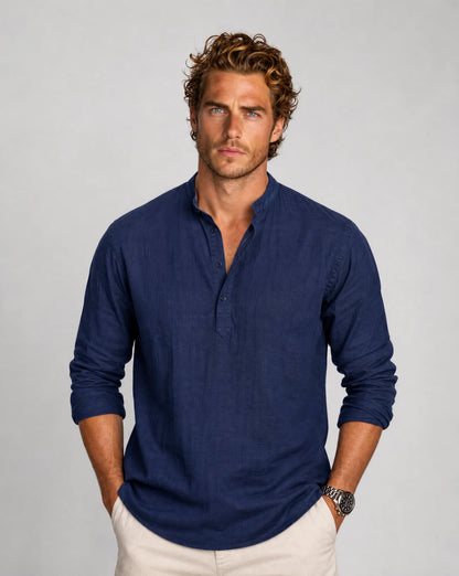 Men's navy blue linen Henley shirt with classic relaxed fit and modern appeal by ILYNORA