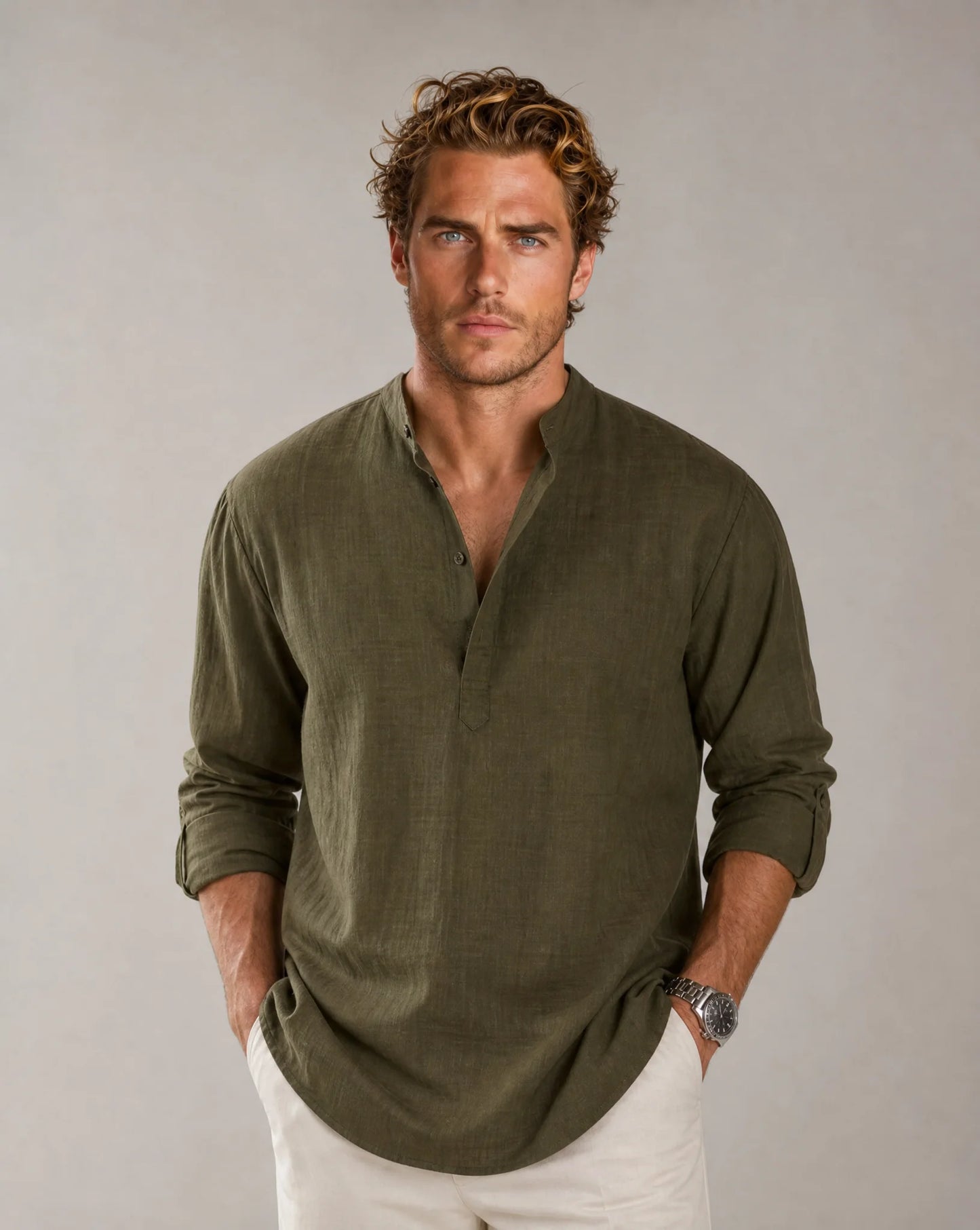 Men's olive green relaxed Henley linen shirt with lightweight summer comfort by ILYNORA
