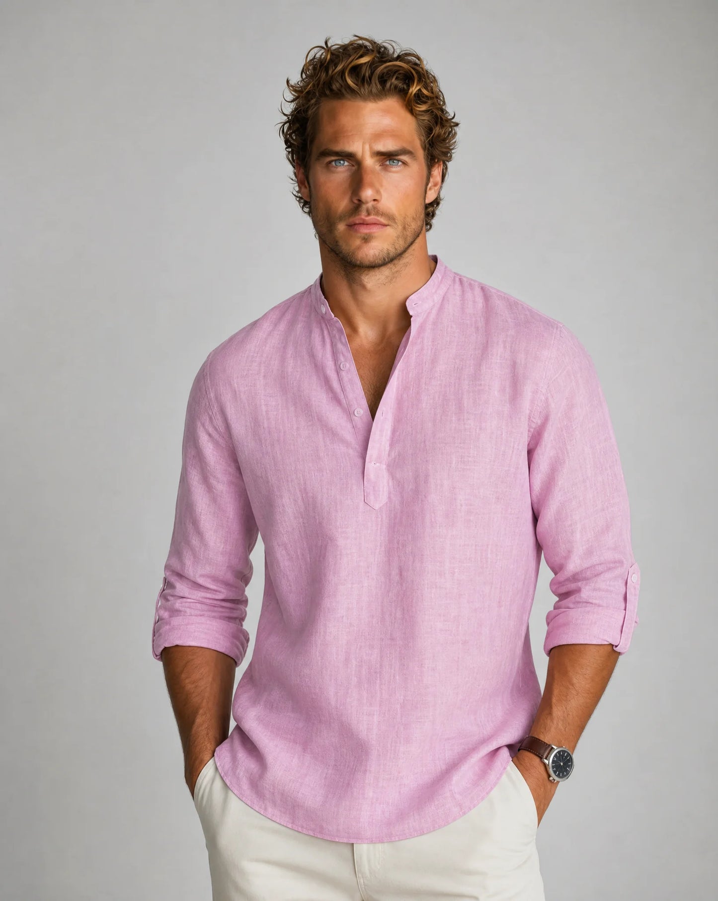 Men's pink linen Henley shirt with relaxed silhouette and summer-ready style by ILYNORA