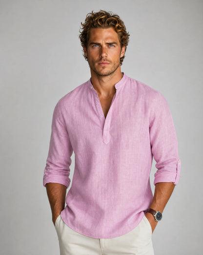 Men's pink linen Henley shirt with relaxed silhouette and summer-ready style by ILYNORA