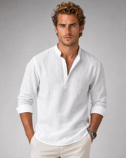Men's white relaxed Henley linen shirt with breathable fabric and refined look by ILYNORA