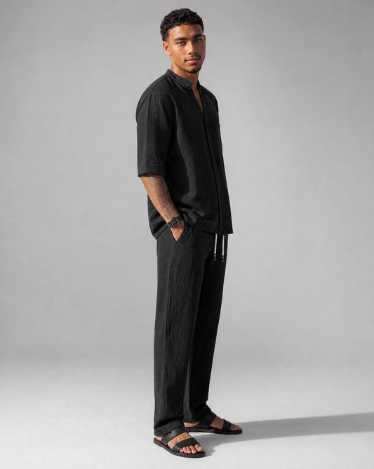 Men's black relaxed linen two-piece set full outfit by ILYNORA