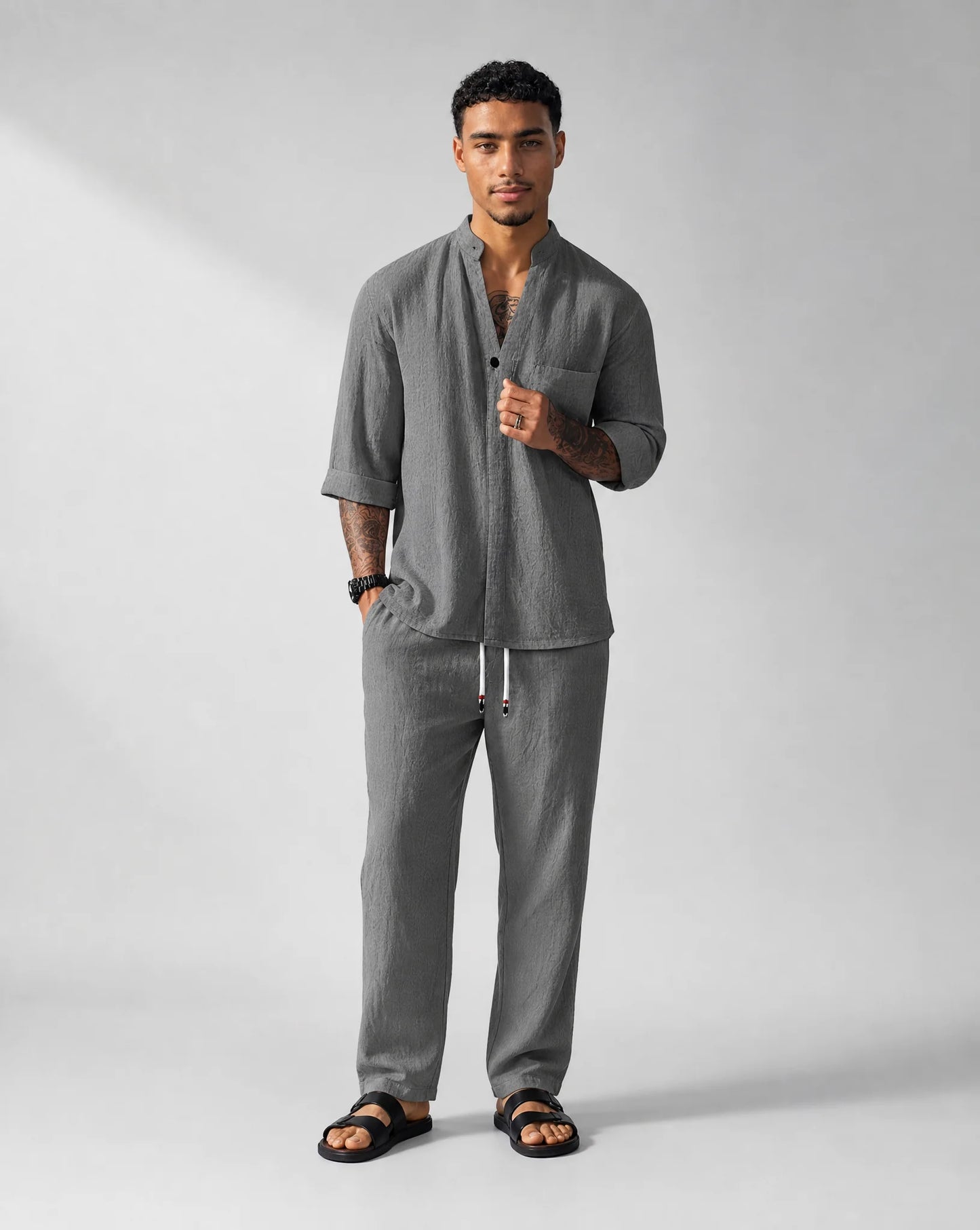 Men's grey relaxed linen two-piece set by ILYNORA