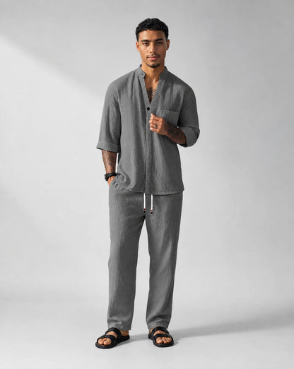Men's grey relaxed linen two-piece set by ILYNORA