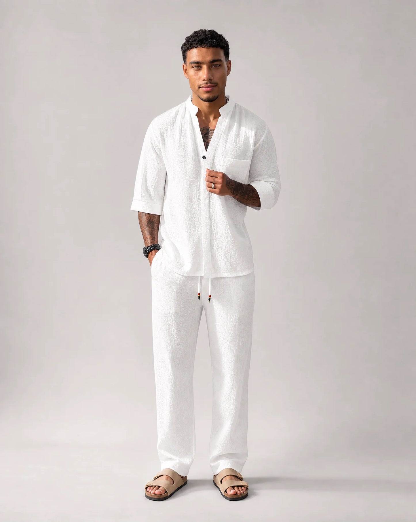 Men's white relaxed linen two-piece set by ILYNORA