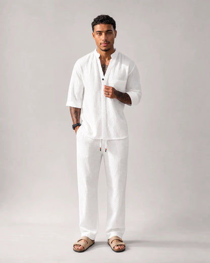 Men's white relaxed linen two-piece set by ILYNORA