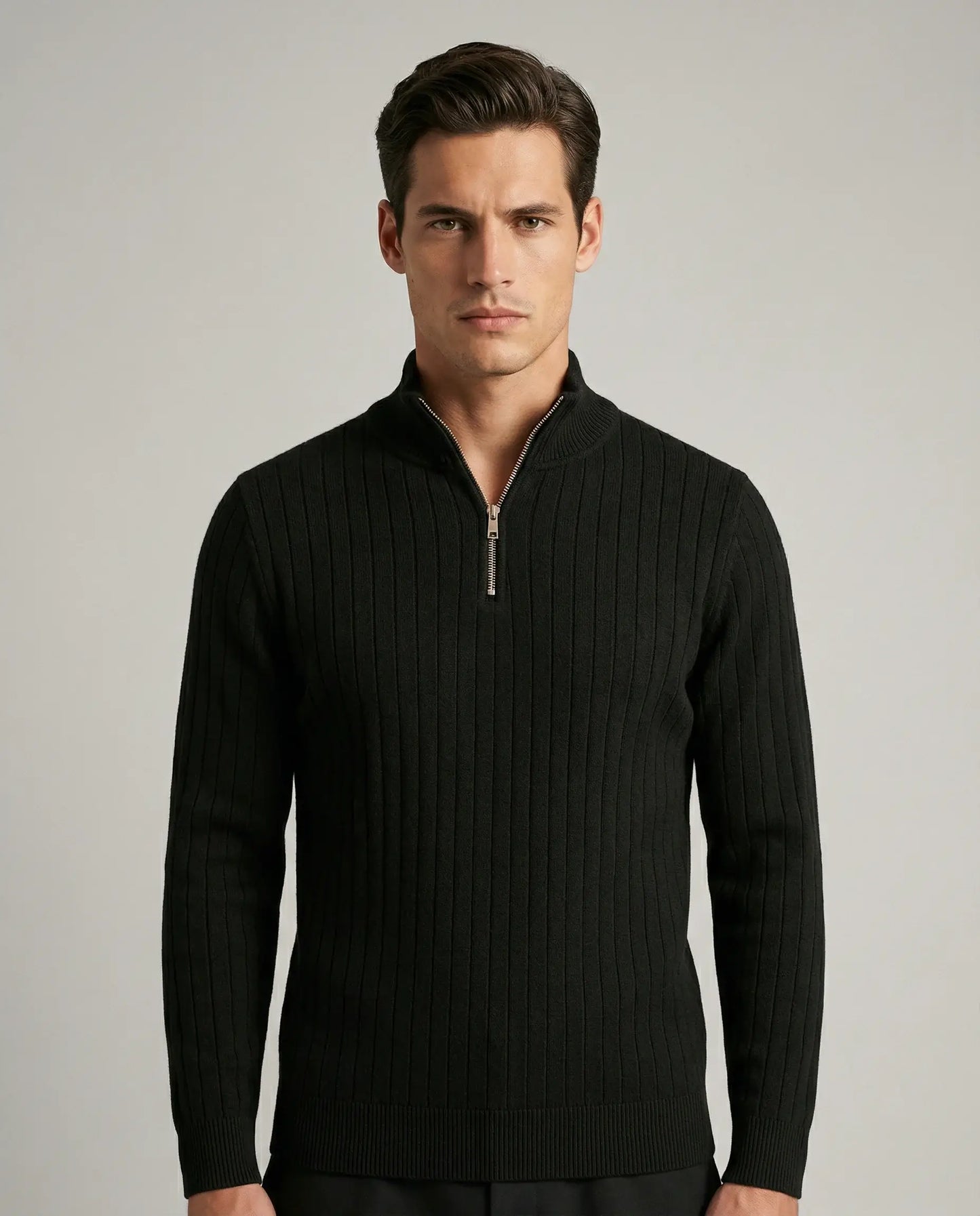 Black ribbed half zip jumper for men by Ilynora, front view with sleek fit and half zip neckline