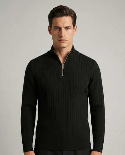 Black ribbed half zip jumper for men by Ilynora, front view with sleek fit and half zip neckline
