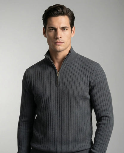 Grey ribbed half zip jumper for men by Ilynora, front view with textured knit and modern silhouette
