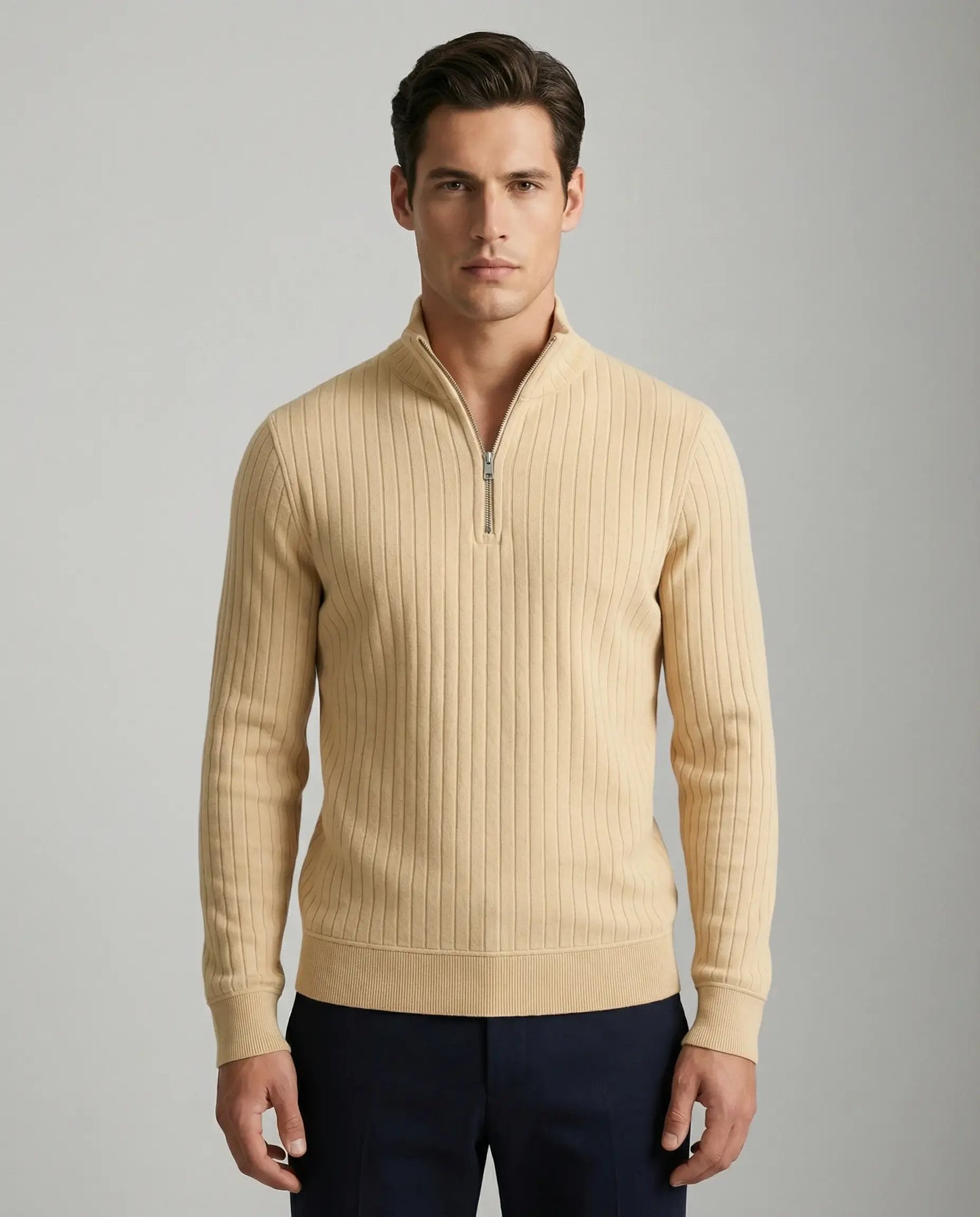 Khaki ribbed half zip jumper for men by Ilynora, front view with soft knit texture and relaxed modern fit