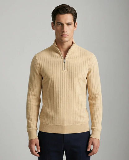Khaki ribbed half zip jumper for men by Ilynora, front view with soft knit texture and relaxed modern fit