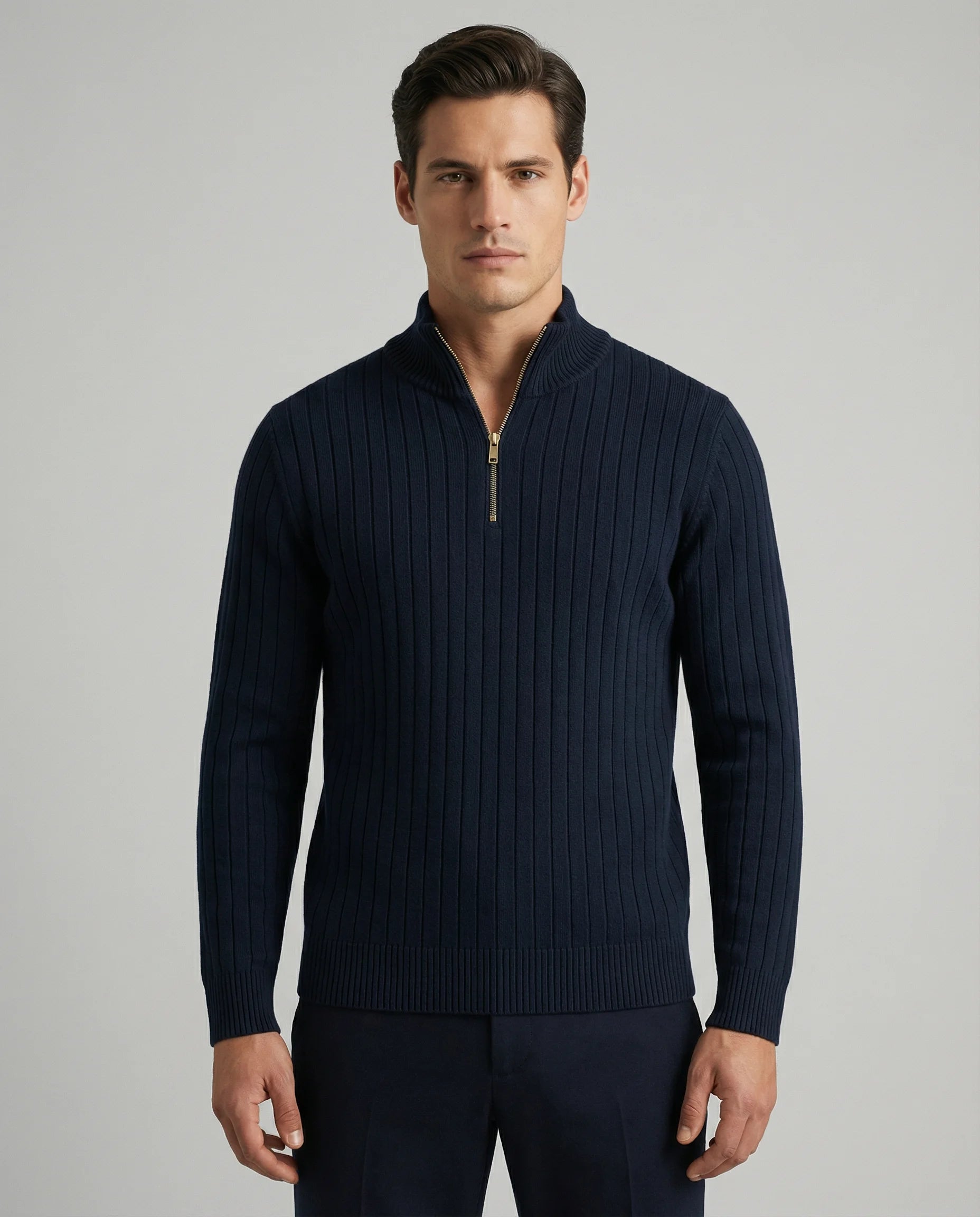 Navy ribbed half zip jumper for men by Ilynora, front view with modern fit and structured knit texture
