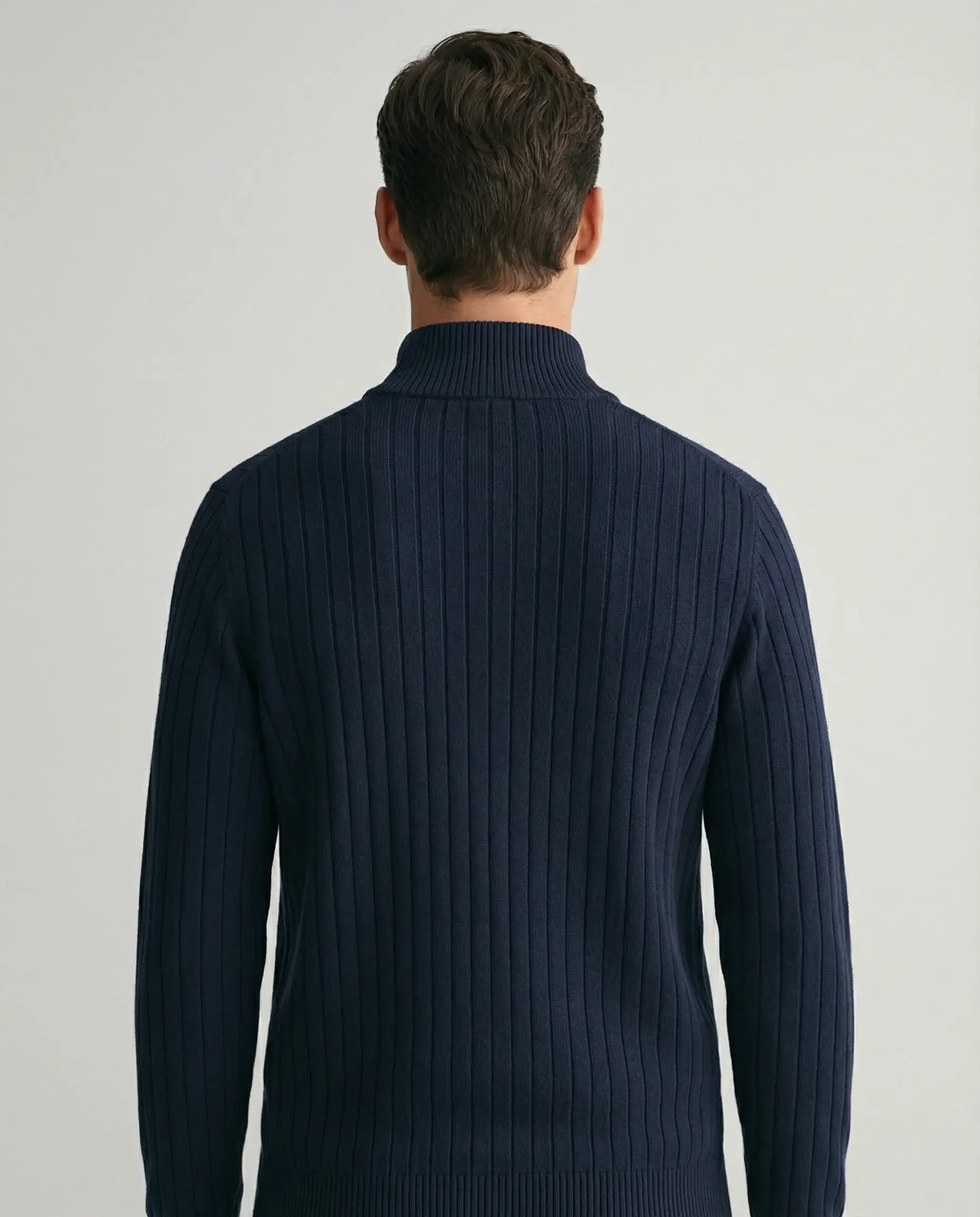 Navy ribbed half zip jumper by Ilynora, back view with clean silhouette and refined design