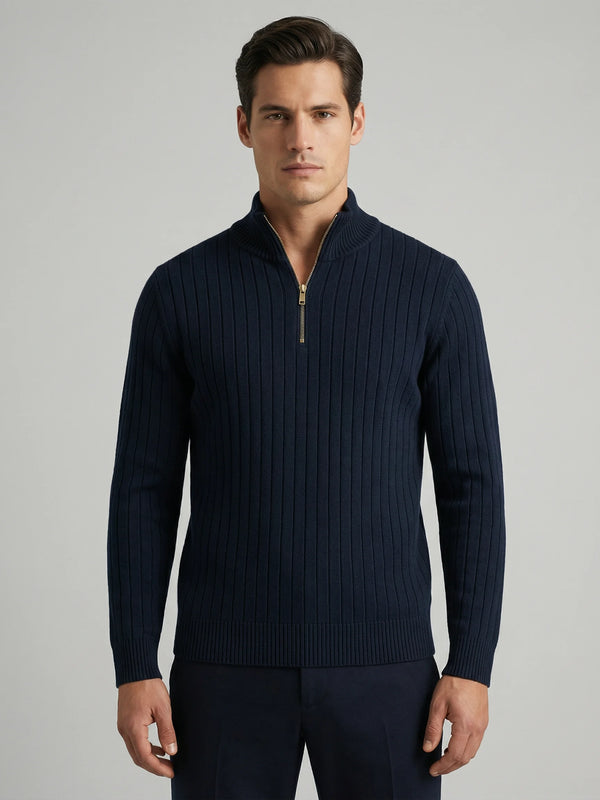 Navy ribbed half zip jumper for men by Ilynora, front view with modern fit and structured knit texture