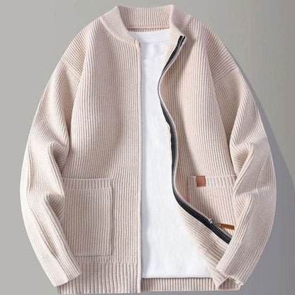Men's Ribbed Knit Full-Zip Jacket with Front Pockets