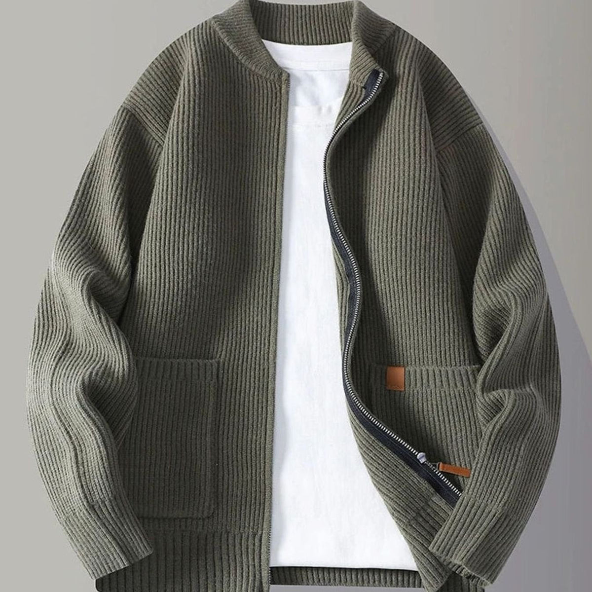 Men's Ribbed Knit Full-Zip Jacket with Front Pockets