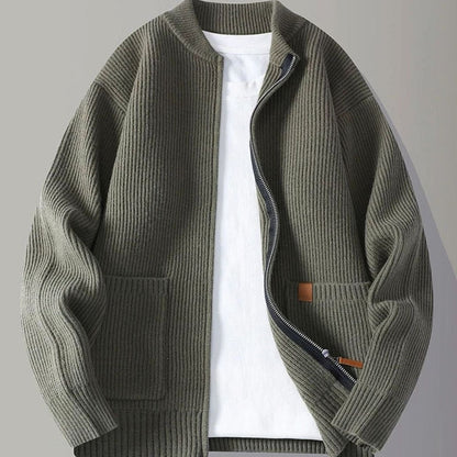 Men's Ribbed Knit Full-Zip Jacket with Front Pockets