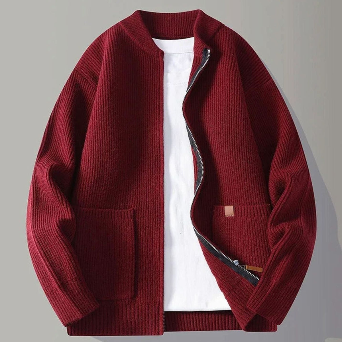 Men's Ribbed Knit Full-Zip Jacket with Front Pockets