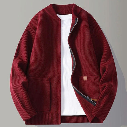 Men's Ribbed Knit Full-Zip Jacket with Front Pockets