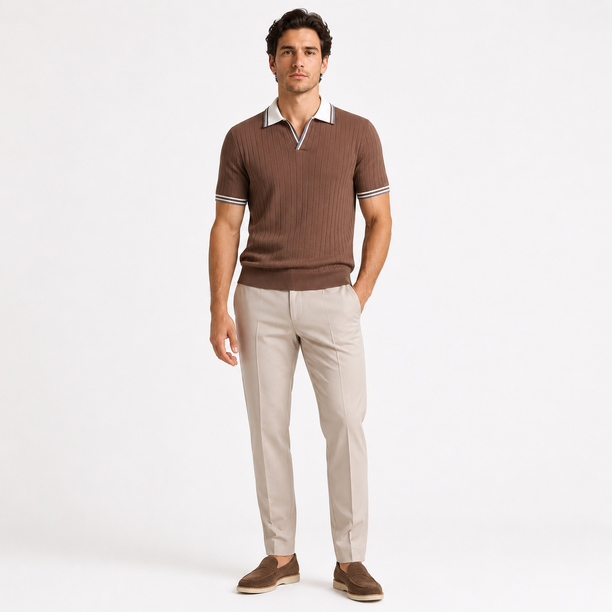 Men's Ribbed Knit Polo and Tapered Trousers Co-Ord Set