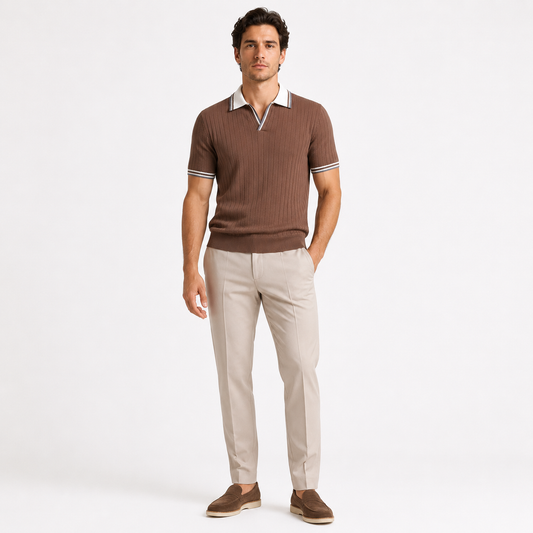 Men's Ribbed Knit Polo and Tapered Trousers Co-Ord Set