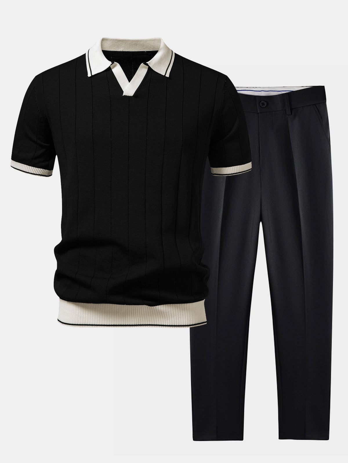 Men's Ribbed Knit Polo and Tapered Trousers Co-Ord Set