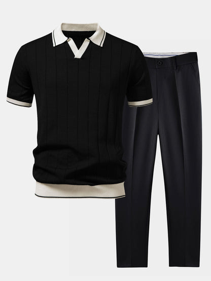 Men's Ribbed Knit Polo and Tapered Trousers Co-Ord Set