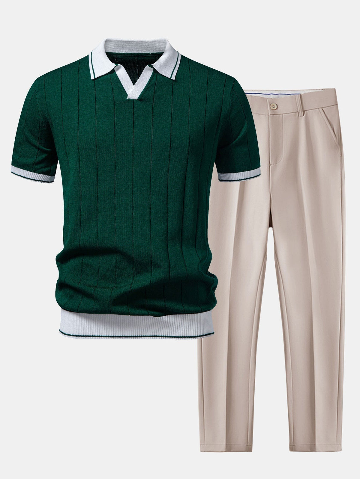 Men's Ribbed Knit Polo and Tapered Trousers Co-Ord Set