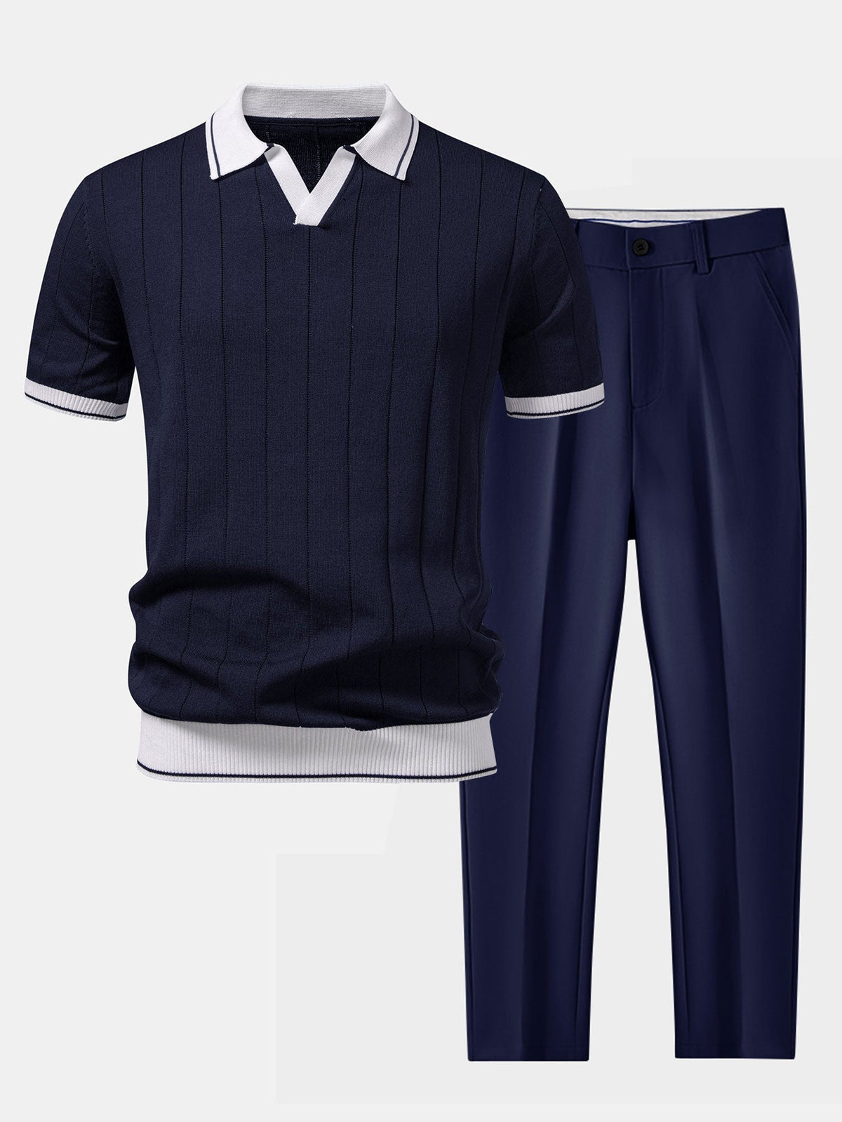 Men's Ribbed Knit Polo and Tapered Trousers Co-Ord Set