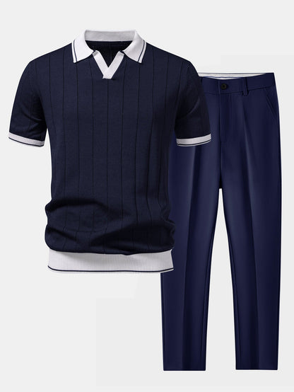 Men's Ribbed Knit Polo and Tapered Trousers Co-Ord Set
