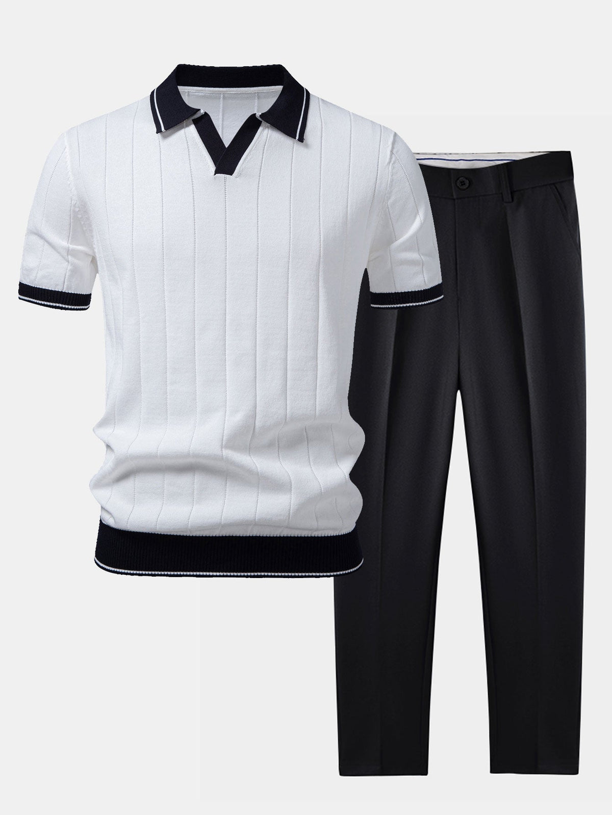 Men's Ribbed Knit Polo and Tapered Trousers Co-Ord Set