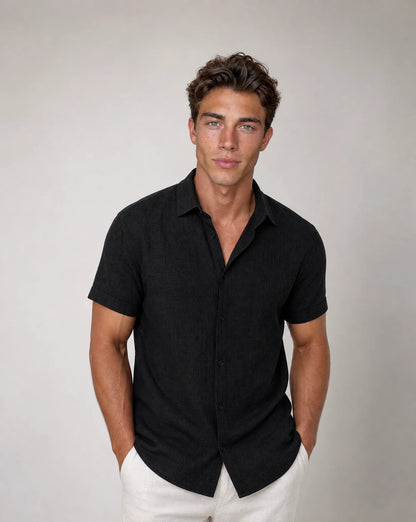 Men's black casual short sleeve shirt with classic collar and smart summer styling by ILYNORA