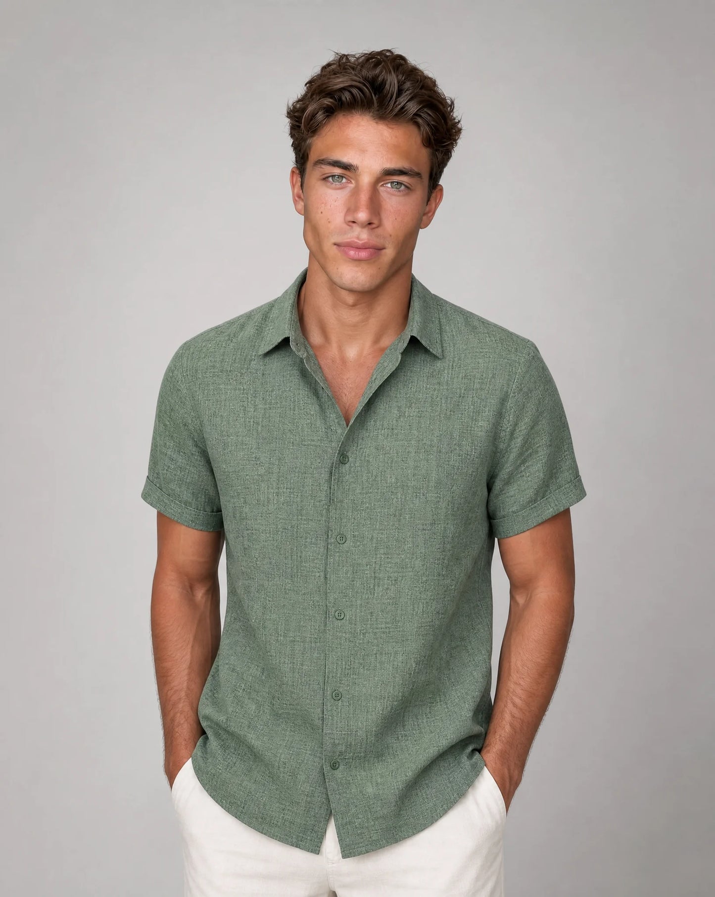 Men's green casual short sleeve shirt with breathable fabric and relaxed summer look by ILYNORA