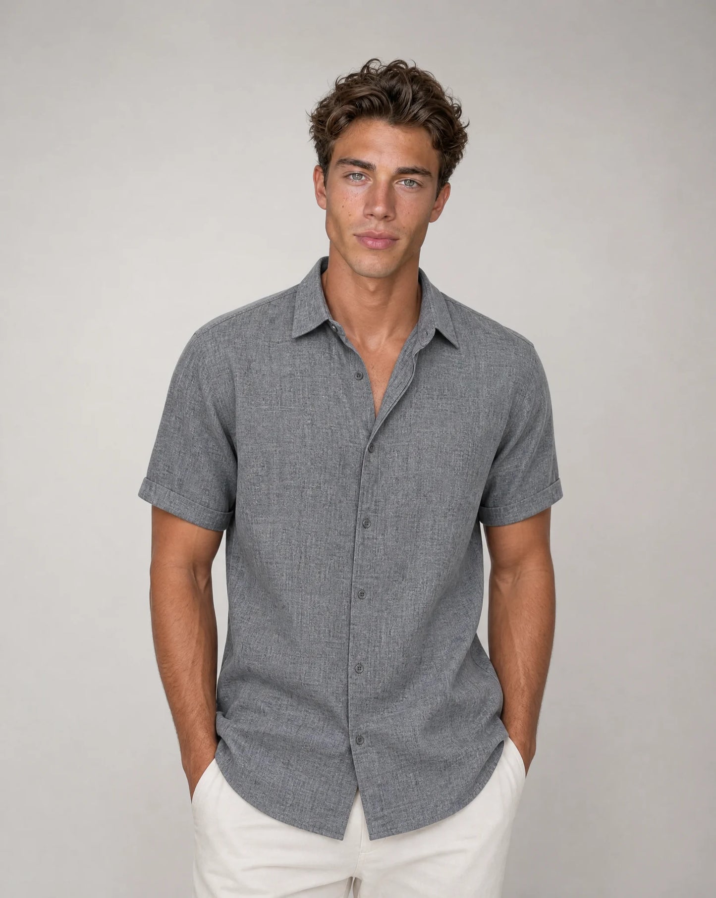 Men's grey casual short sleeve shirt with lightweight comfort and modern everyday style by ILYNORA