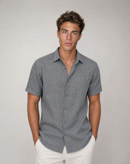 Men's grey casual short sleeve shirt with lightweight comfort and modern everyday style by ILYNORA