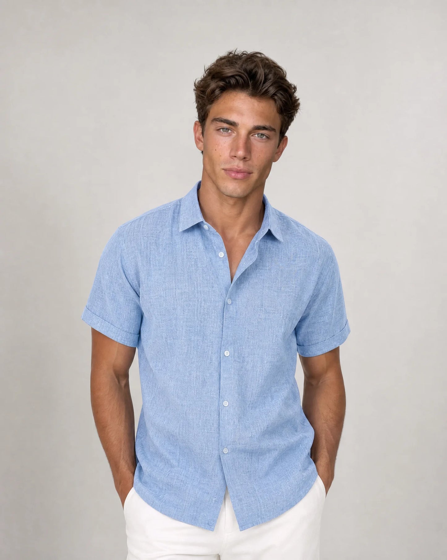 Men's light blue short sleeve shirt with relaxed fit and versatile summer styling by ILYNORA