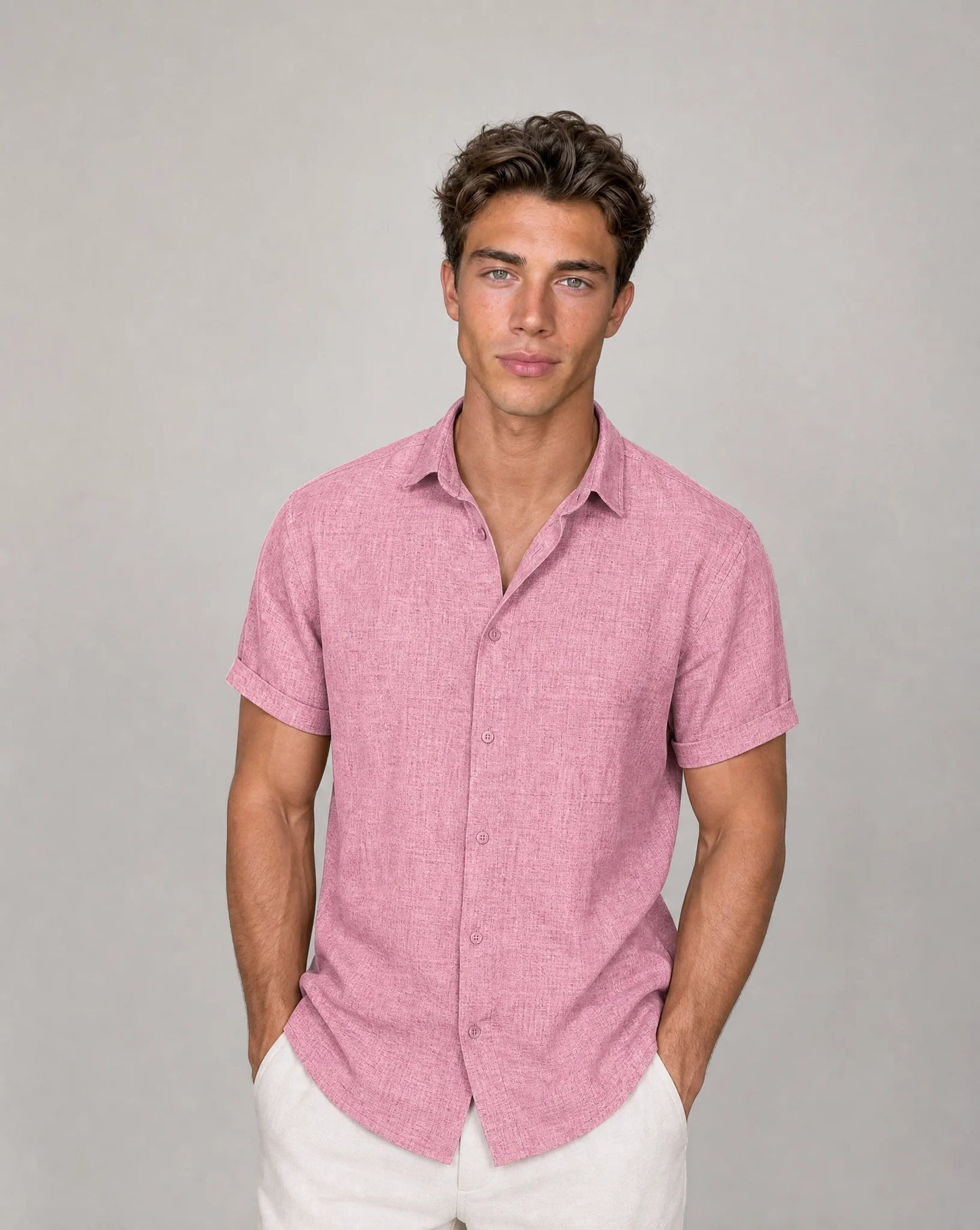 Men's pink short sleeve shirt with relaxed fit and lightweight warm weather comfort by ILYNORA