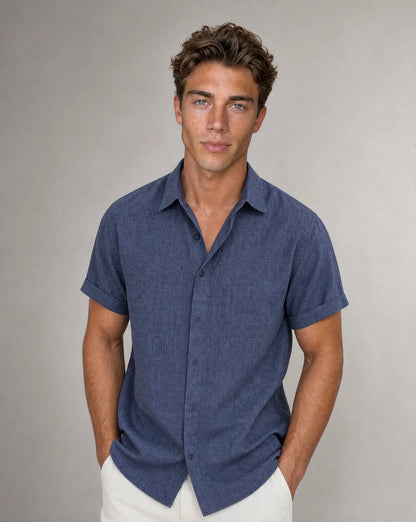 Men's royal blue short sleeve shirt with relaxed fit and lightweight summer style by ILYNORA